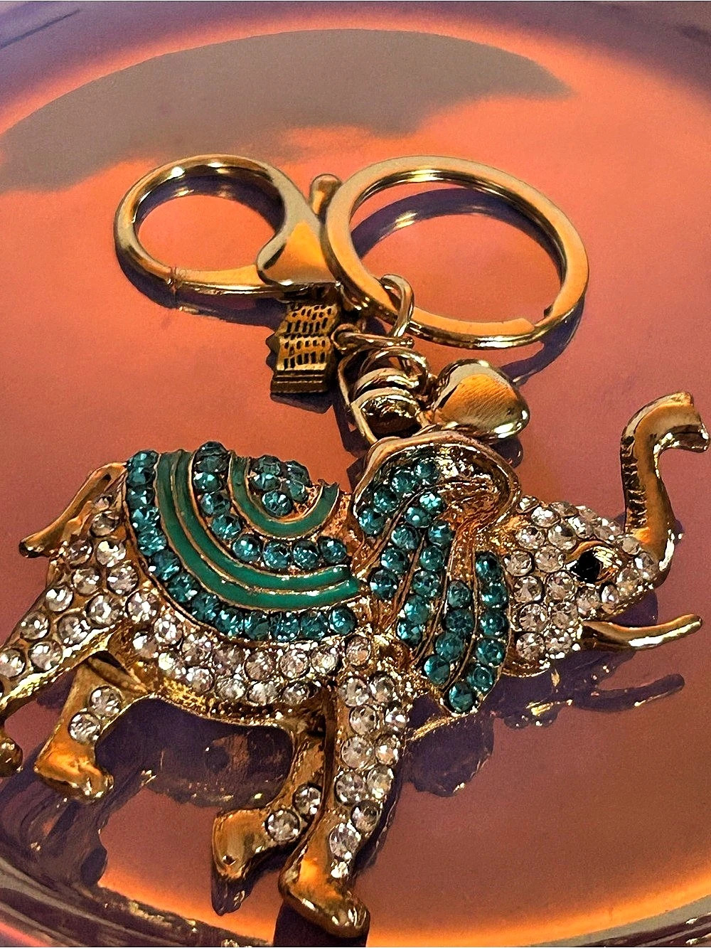 Elephant Rhinestone Keychain Gold Turquoise New - Picture 2 of 6